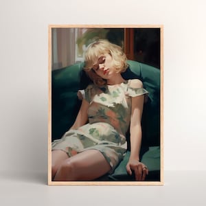 Vintage Sleeping Woman Oil Print, Female 1960&#39;s Portrait Poster, Taking a Nap Wall Artwork, Urban City Still Life, Motherhood in a Nutshell