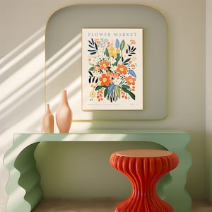 Colorful Flower Market Art Print, Maximalism Floral Wall Poster, Matisse Vase Retro Illustration, Botanical Bathroom Artwork, Trendy Design