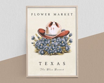 Texas State Flower, Texas Flower Market Art Print, Homestate Blue Bonnet Gift, Texas Botanical Wall Art, Southern Flower Gift for her Print