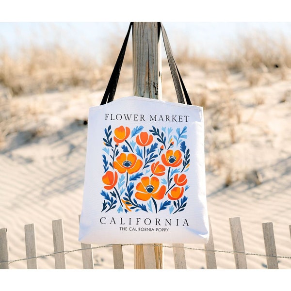 California State Flower Poppy Tote Bag, White Canvas California Poppy Purse, Trendy Heavy Duty Tote Bag, California Wedding Favor, Reusable