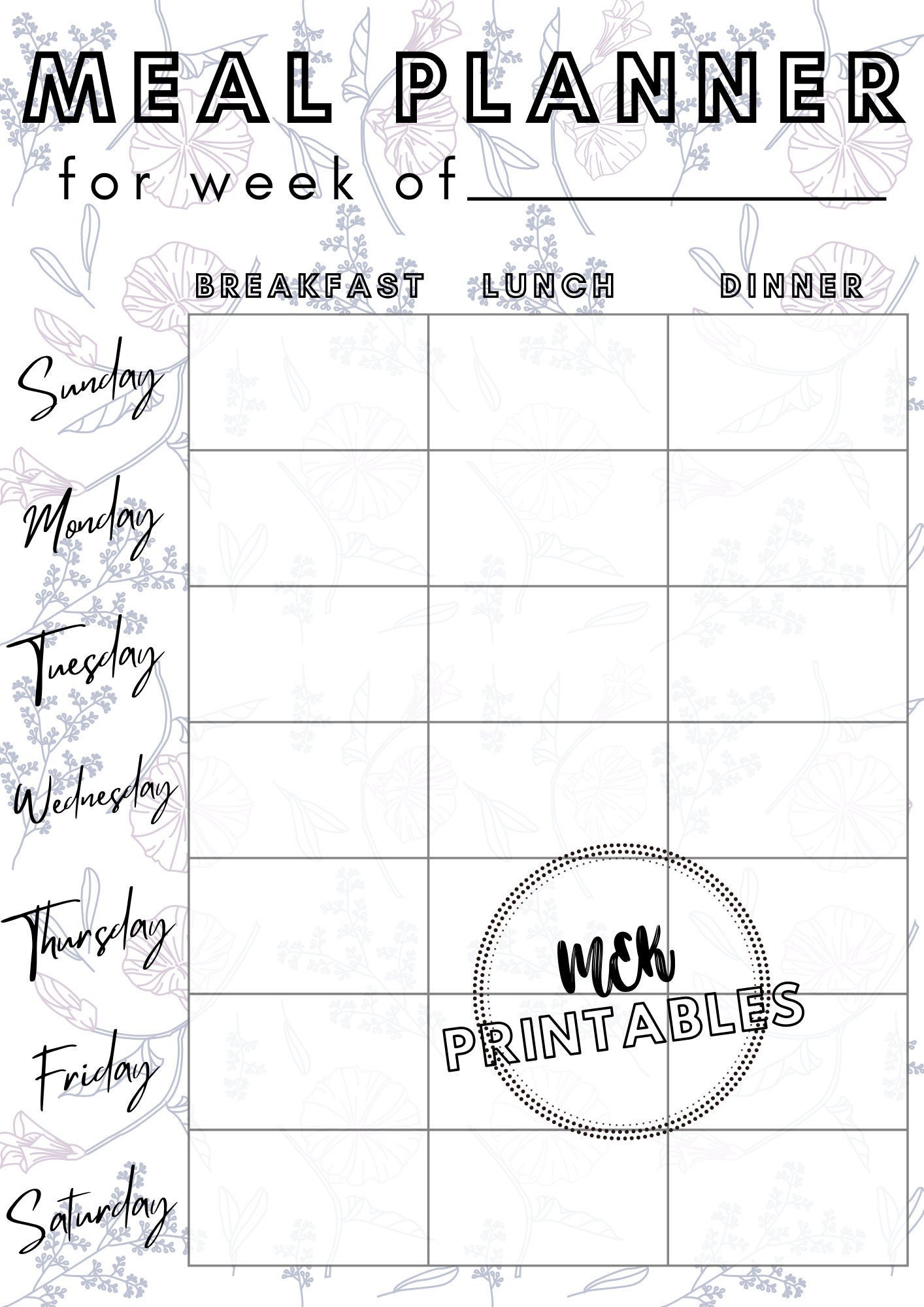 Printable Meal Planner With Grocery List Floral Weekly - Etsy