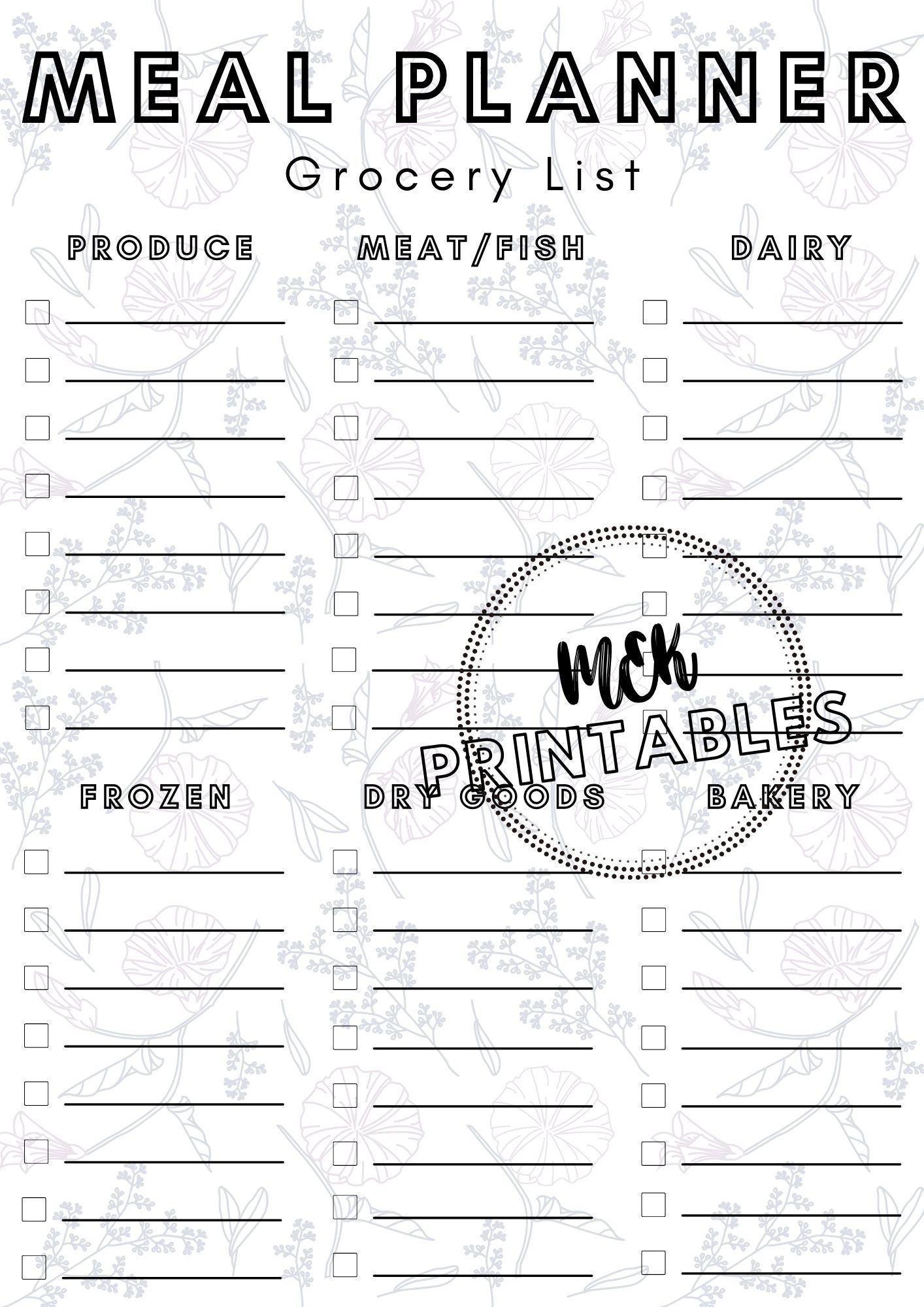 Printable Meal Planner With Grocery List Floral Weekly Meals Digital ...