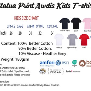 The image is a children's t-shirt size chart, featuring various color options and corresponding chest measurements.