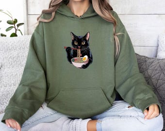 Sweat à capuche ramen chat, sweat à capuche gourmand, pull chat nouilles, sweat à capuche chat noir, sweat à capuche chat rétro, cadeau pour amoureux des chats, sweat à capuche pour maman chat, amoureux des animaux
