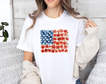 Chemise florale drapeau des Etats-Unis, chemise fleur drapeau ABD, chemise femme Etats-Unis, cadeau patriotique, 250e anniversaire de l'Amérique