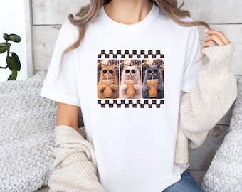 Chemise café glacé chat, chemise maman chat drôle, t-shirt amour café animal, chemise café girly, chat buvant du café