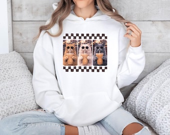 Café glacé chat, sweat à capuche pour maman chat, sweat à capuche girly café, chat buvant du café, haut motif animal, lunettes de soleil chaton