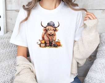Halloween-Kuh-Shirt, Highland-Rinder-Shirt, Halloween-Party-Shirt, Grusel-Shirt, Kürbis-Shirt, süßes Halloween-Geschenk, Kuh-Halloween-Shirt