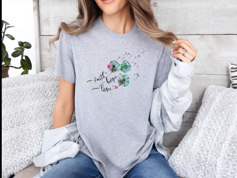 Camiseta de diente de león, camiseta de fe, camiseta de esperanza, camiseta de amor, camiseta de flores silvestres, camiseta floral de fe, camiseta inspiradora, regalo de meditación, camiseta de corazón imagen 2