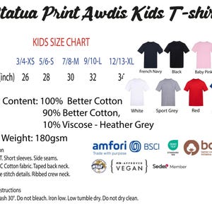 The image is a children's t-shirt size chart, featuring various color options and corresponding chest measurements.