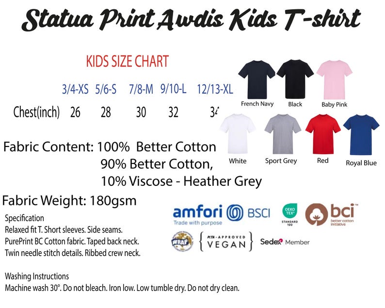The image is a children's t-shirt size chart, featuring various color options and corresponding chest measurements.