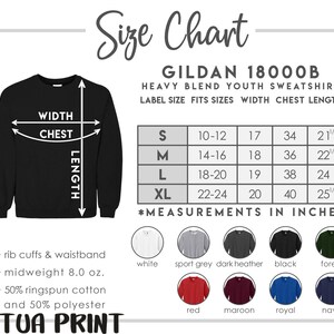 May include: A black Gildan 18000B youth sweatshirt with a size chart. The chart shows measurements in inches for width, chest, and length, with sizes ranging from S to XL. Available colours include white, sport grey, dark heather, black, forest, red, maroon, royal, and navy.