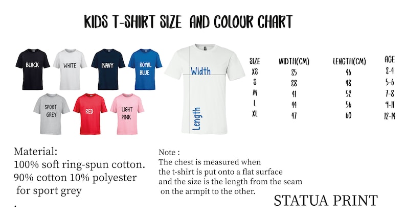 kids't - shirt size and color chart