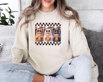 Sweat café glacé chat, pull maman chat, pull café girly, chat buvant du café, cadeau amateur de café, lunettes de soleil chaton