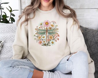 Dragonfly Sweatshirt, Nature Lover Gift, Garden Sweater, Cottagecore Jumper, Vintage Dragonfly, Botanical Insect Top