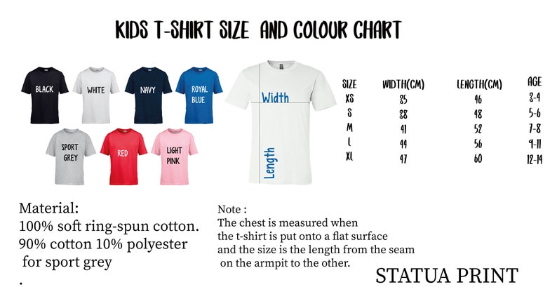 kids't - shirt size and color chart