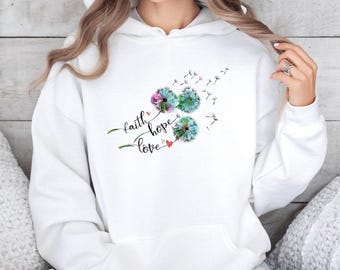 Sudadera con capucha Fe Esperanza Amor, Sudadera con capucha Diente de león, Sudadera con capucha Fe, Sudadera con capucha Esperanza, Sudadera con capucha Flores silvestres, Sudadera con capucha Cristiana, Jersey floral Fe