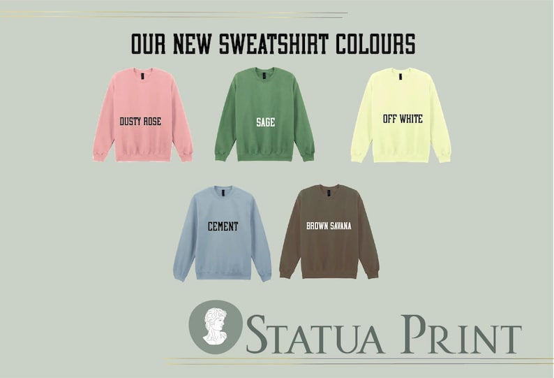 a collection of six different colored sweatshirts, each with a unique color and design, arranged in a grid layout.