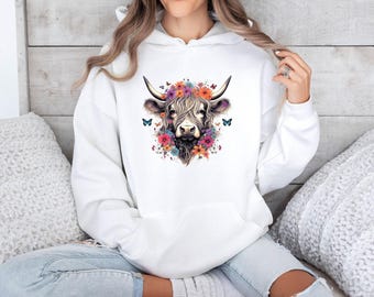 Sweat à capuche vache des Highlands, Sweat à capuche vache à fleurs, Sweat à capuche fille de la ferme, Sweat à capuche vie à la ferme, Cadeau pour les amoureux des vaches, Pull pour amoureux des vaches, Cadeau vache mignon, Sweat à capuche génisse