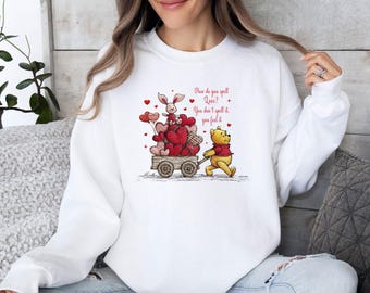 Winnie Love Sweatshirt, Happy Valentine Bear, Cartoon Bear Jumper, Valentine Vibes, Pink Heart Sweatshirt, Valentine Cartoon, Honey Bear Top