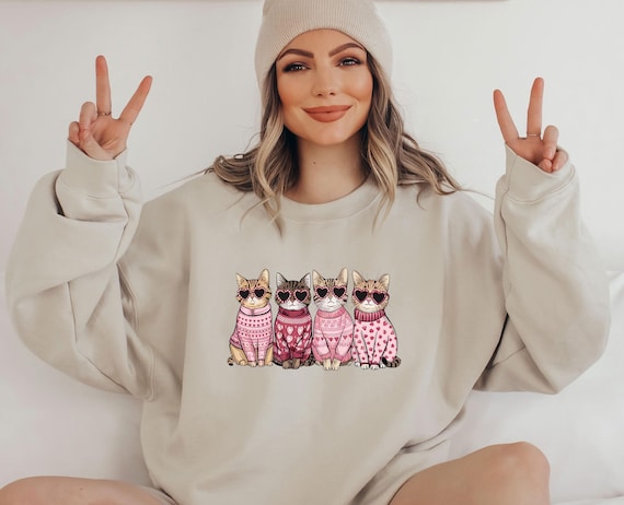Funny Cat Sweatshirt, Valentine Cats Top, Cat Lover Gift, Valentines Day, Cat Mama Jumper, Cat Owner Sweater,  Cat Gifts, Pink Valentine Top