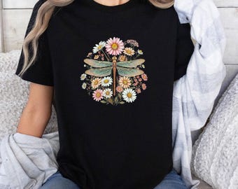 Dragonfly T Shirt, Vintage Floral Dragonfly Tee, Cottagecore Botanical Insect Shirt, Nature Lover Gift, Garden Tee