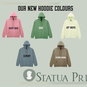 a collection of six hoodie colors, each with a different label, arranged in a grid.