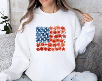 Sweat-shirt célébration des États-Unis, pull floral drapeau des États-Unis, cadeau patriotique, 250e anniversaire, jour de l'indépendance, pull du 4 juillet
