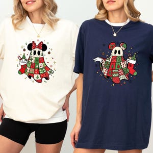 T-shirt de Noël pour couple, T-shirt Mickey fantôme, T-shirt Minnie fantôme, T-shirt fantôme patchwork, T-shirt fantôme vintage, Noël rétro, Noël Disney