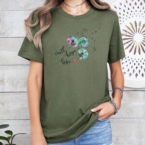 Camiseta de diente de león, camiseta de fe, camiseta de esperanza, camiseta de amor, camiseta de flores silvestres, camiseta floral de fe, camiseta inspiradora, regalo de meditación, camiseta de corazón imagen 3