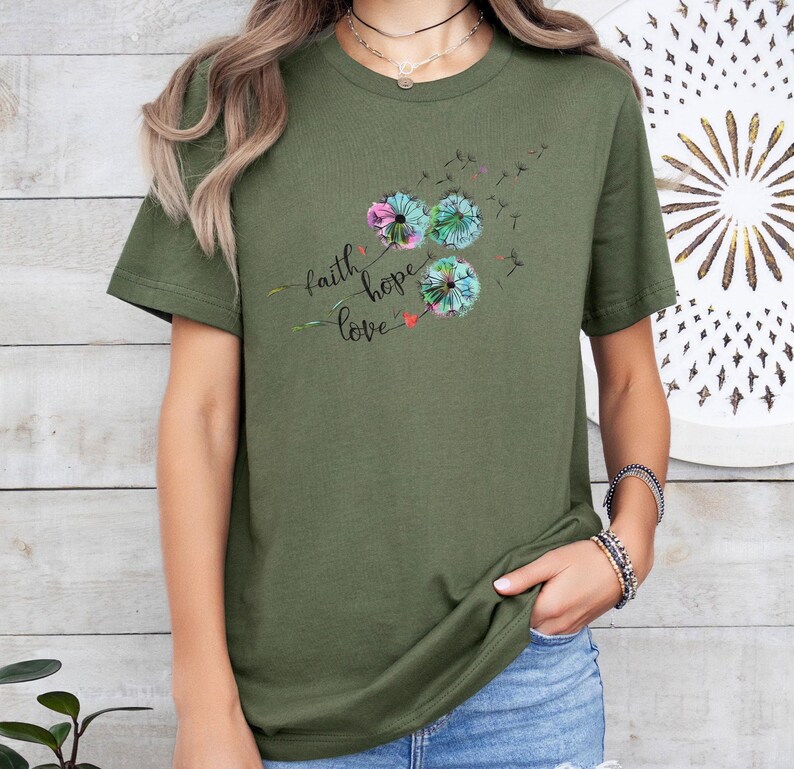 Camiseta de diente de león, camiseta de fe, camiseta de esperanza, camiseta de amor, camiseta de flores silvestres, camiseta floral de fe, camiseta inspiradora, regalo de meditación, camiseta de corazón imagen 3