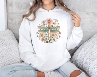 Dragonfly Hoodie, Nature Lover Gift, Garden Pullover, Cottagecore Hoodie, Vintage Dragonfly, Botanical Insect Top, Wildflower Hoodie