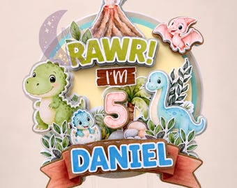 Personalized Dinosaur Cake Topper | Dinosaur Birthday Party Decoration | Layered Cake Topper | Dino Birthday