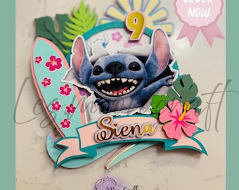 Adorno para tarta con temática de Stitch, nombre y edad personalizados