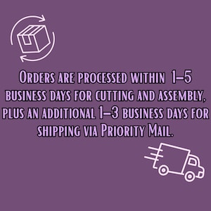 Puede incluir: Un fondo morado con texto blanco que dice: "LOS PEDIDOS SE PROCESAN EN UN PLAZO DE 1 A 5 D&Iacute;AS H&Aacute;BILES PARA EL CORTE Y MONTAJE, M&Aacute;S 1 A 3 D&Iacute;AS H&Aacute;BILES ADICIONALES PARA EL ENV&Iacute;O POR CORREO PRIORITARIO." Hay dibujos lineales blancos de una caja con flechas y un cami&oacute;n de reparto.