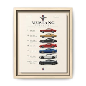 May include: A framed poster titled Mustang Evolution displaying seven generations of Ford Mustang cars in red, yellow, black, red, blue, white, and gray. The text includes American Icon, Seven Generations, One Legend, and years from 1964 to present.