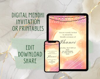 Mendhi invitations, digital wedding invites, henna party invitation