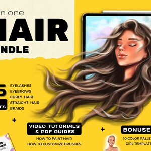 Puede incluir: Una ilustración digital de una mujer con cabello largo y castaño. La imagen se utiliza para promocionar un paquete de 55 pinceles para cabello para arte digital. El paquete incluye pinceles para pestañas, cejas, cabello rizado, cabello liso y trenzas. El texto "All in one HAIR BUNDLE" se muestra en la parte superior de la imagen. El texto "55 HAIR BRUSHES" se muestra en el lado izquierdo de la imagen. El texto "VIDEO TUTORIALS & PDF GUIDES" se muestra en el centro de la imagen. El texto "BONUSES" se muestra en el lado derecho de la imagen. El texto "10 COLOR PALLETS GIRL TEMPLATE" se muestra debajo del texto "BONUSES".