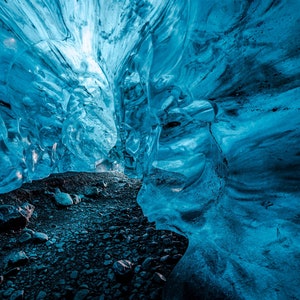 Grotta di ghiaccio del ghiacciaio Congelato nel tempo, stampa fotografica Breiðamerkurjökull, paesaggio ghiacciato blu artico su tela, metallo, acrilico, carta da parati artistica