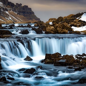 Stampa fotografica della cascata di Fossalar in Islanda, fotografia di paesaggi panoramici, splendida arte murale della natura nordica su tela, metallo, carta, pannello acrilico