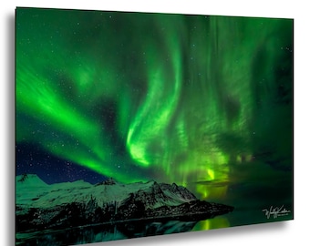 Aurora Borealis Photography Print: Iceland Night Sky, Snowy Mountains