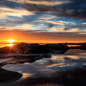 Saltwater Symphony Cloudy Wall Art, Great Salt Lake Sunset Photography, Serene Reflection Landscape Print on Canvas, Acrylic, or Metal Decor
