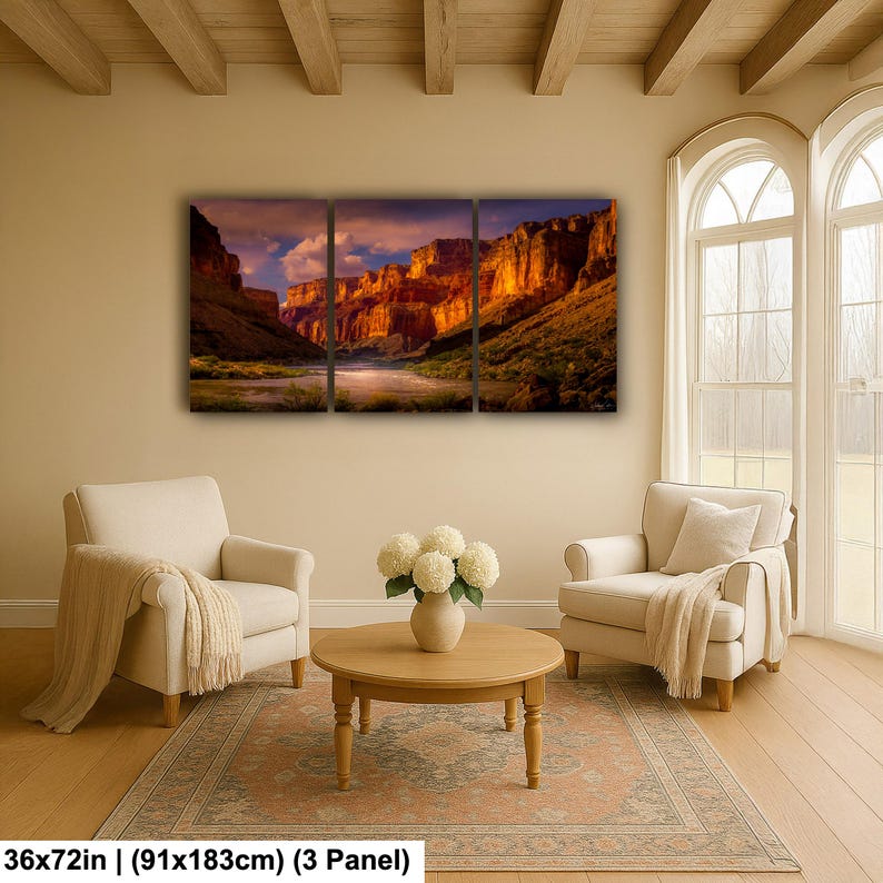 Grand Canyon Sunrise Wall Art: Colorado River Landscape Photography 36x72 Inch (3 Panel)