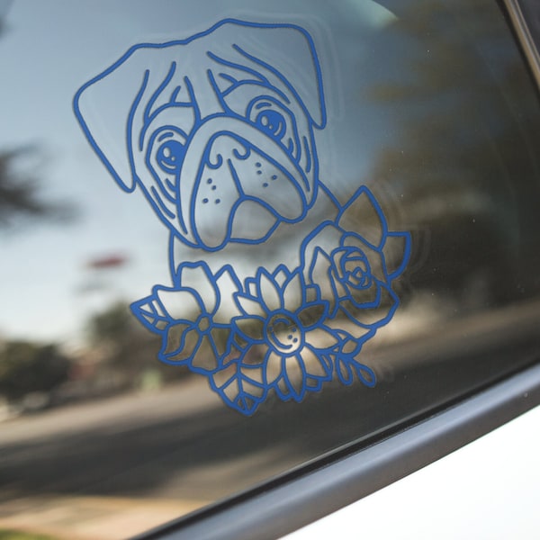 Pug and Flowers -Sticker for Cars, Laptop, Vehicle, Custom.