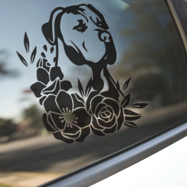 Pitbull Dog Floral Car Decal - Sticker for Cars, Laptop, Vehicle, Custom, Window, Permanent, Quality.
