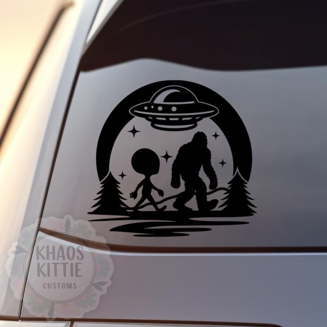 Bigfoot & Alien UFO Decal - Sticker for Cars, Laptop, Vehicle, Custom ...