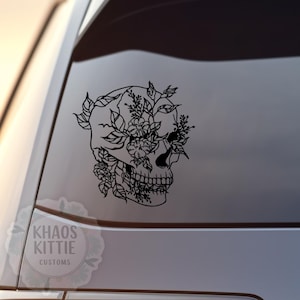 Sticker squelette tête de mort et fleurs - Sticker pour voitures, ordinateur portable, véhicule, personnalisé.