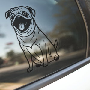 May include: Black and white illustration of a pug dog sitting with its tongue sticking out. The image is on a car window.