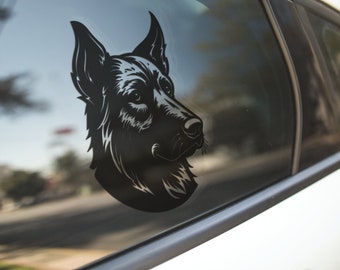 May include: Black and white silhouette of a German Shepherd dog's head, looking to the right, on a car window.