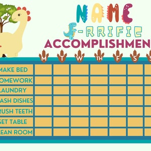 Könnte beinhalten: Eine farbenfrohe Dinosaurier-Tabelle zum Verfolgen der täglichen Leistungen. Die Tabelle hat einen gelben Hintergrund mit einem blauen Rand und enthält eine Liste von Aufgaben wie Bett machen, Hausaufgaben, Wäsche waschen, Geschirr spülen, Zähne putzen, Tisch decken und Zimmer aufräumen. Die Wochentage sind oben aufgelistet: Mo, Di, Mi, Do, Fr, Sa, So.